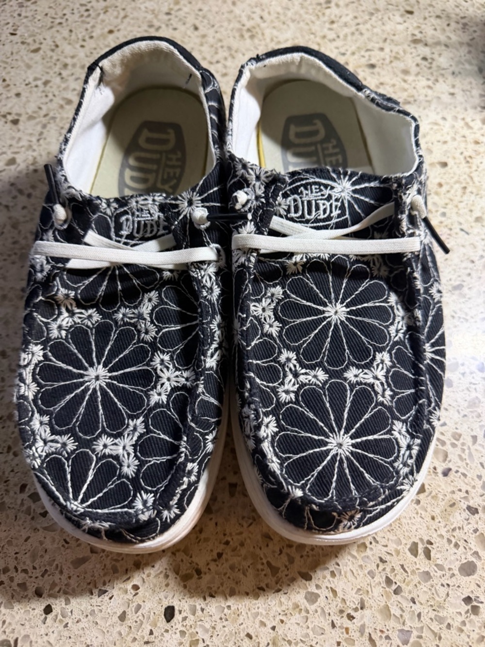 Hey Dude Kids Black Floral Slip-On Sneakers with White Accents size 4